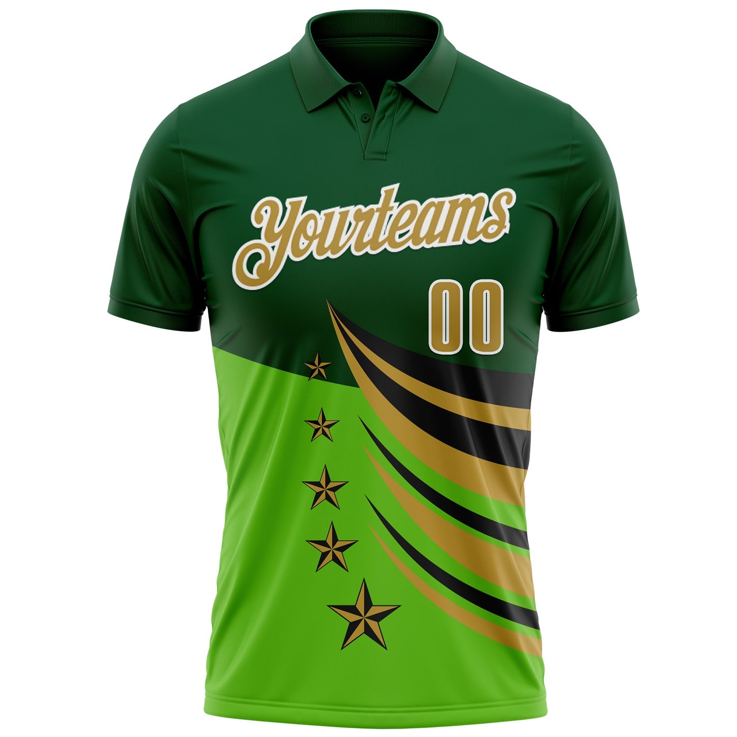 Custom Green Old Gold Black-White 3D Pattern Design Star Performance Polo Shirt view 2