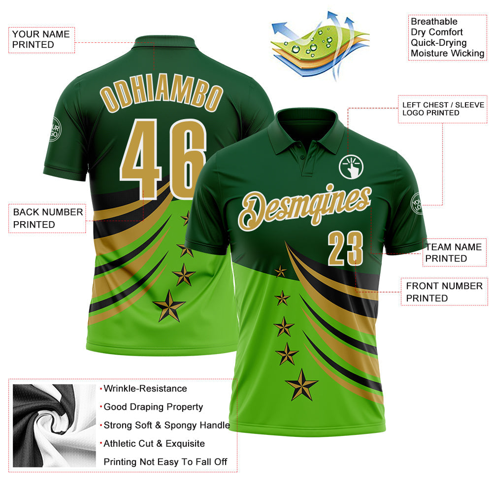 Custom Green Old Gold Black-White 3D Pattern Design Star Performance Polo Shirt view 3