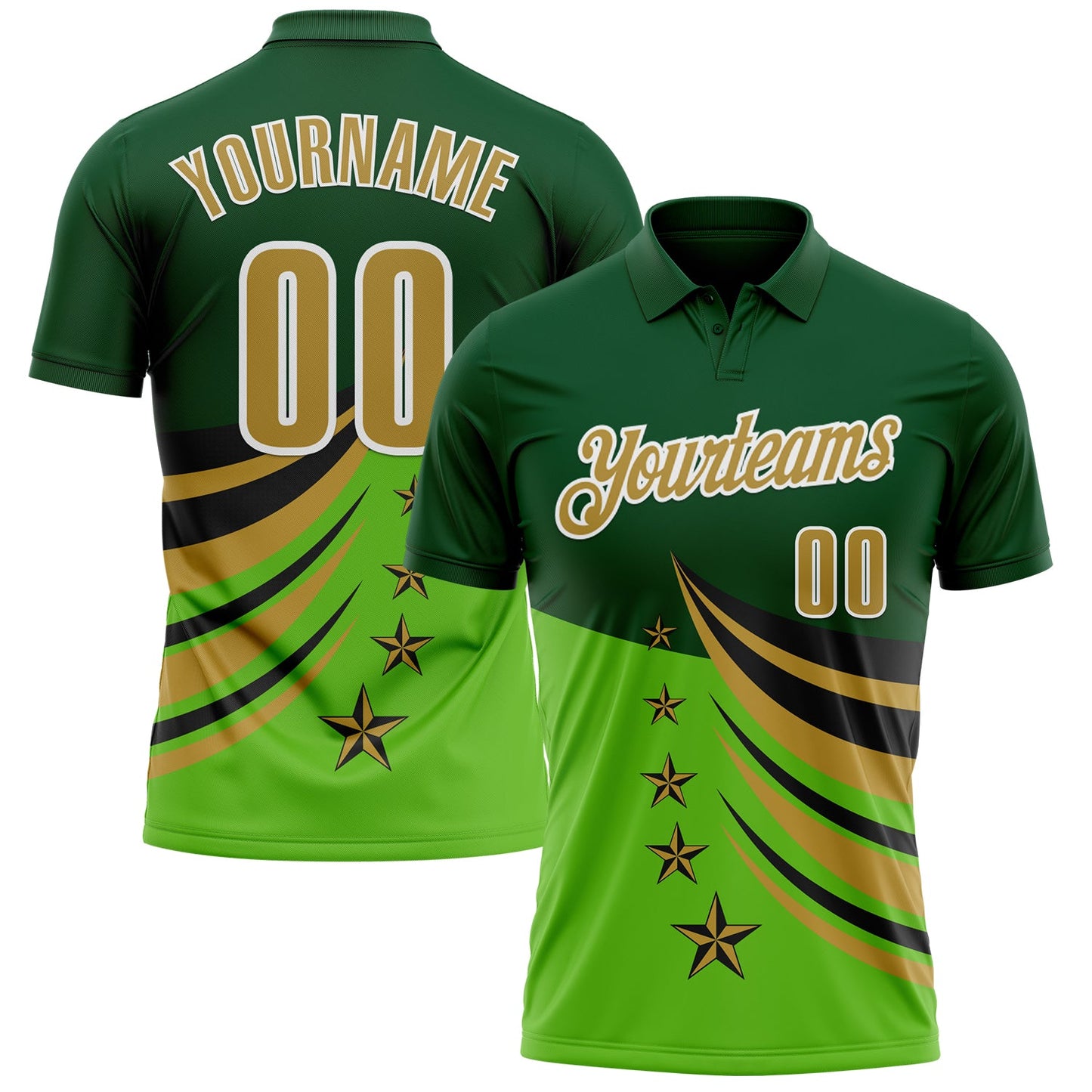 Custom Green Old Gold Black-White 3D Pattern Design Star Performance Polo Shirt - Main View