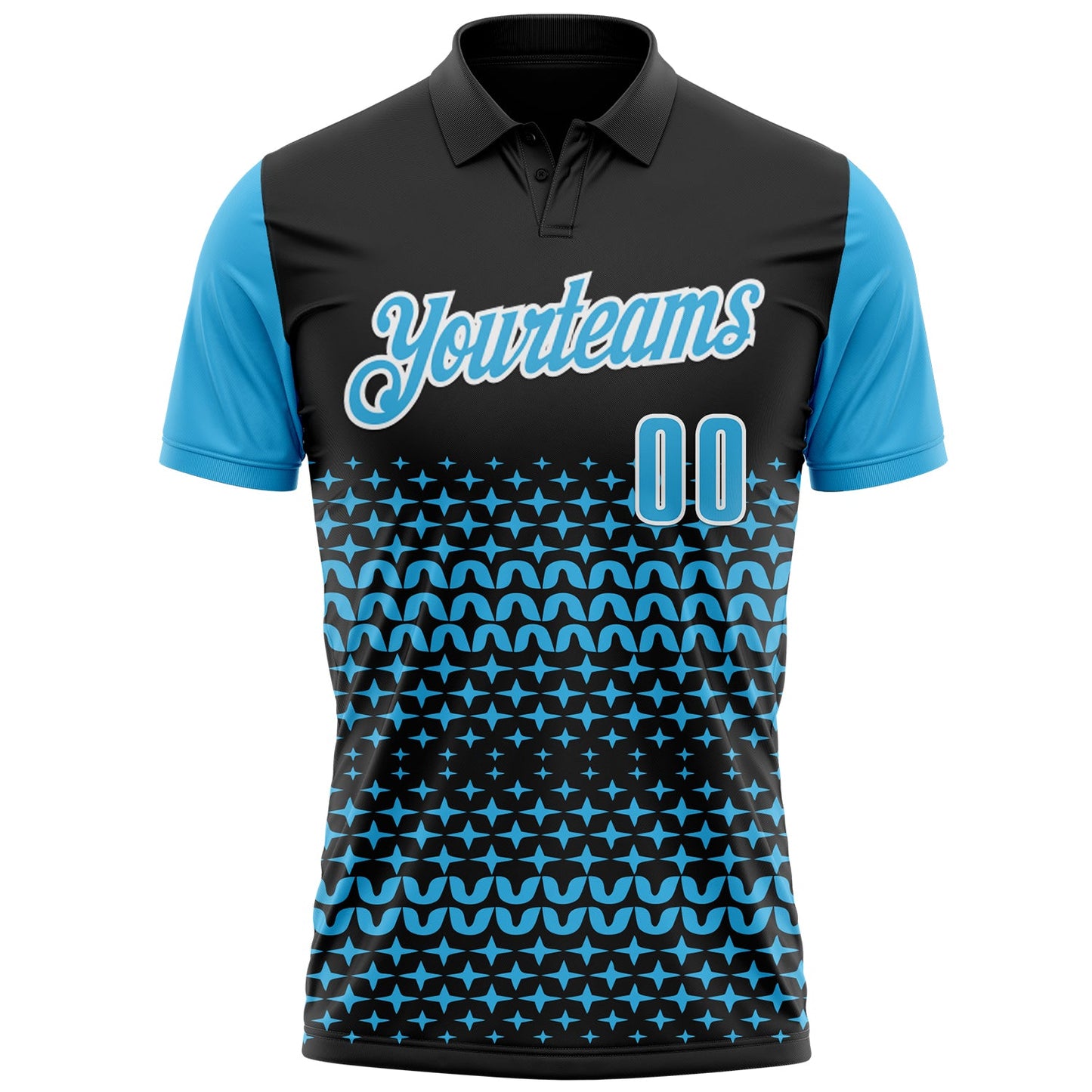Custom Black Sky Blue-White 3D Pattern Design Star Performance Polo Shirt view 2