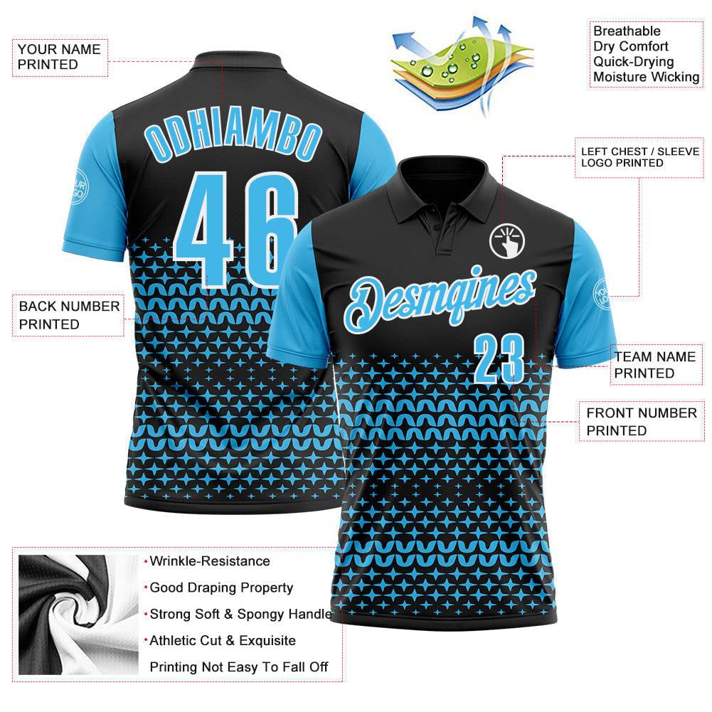 Custom Black Sky Blue-White 3D Pattern Design Star Performance Polo Shirt view 3