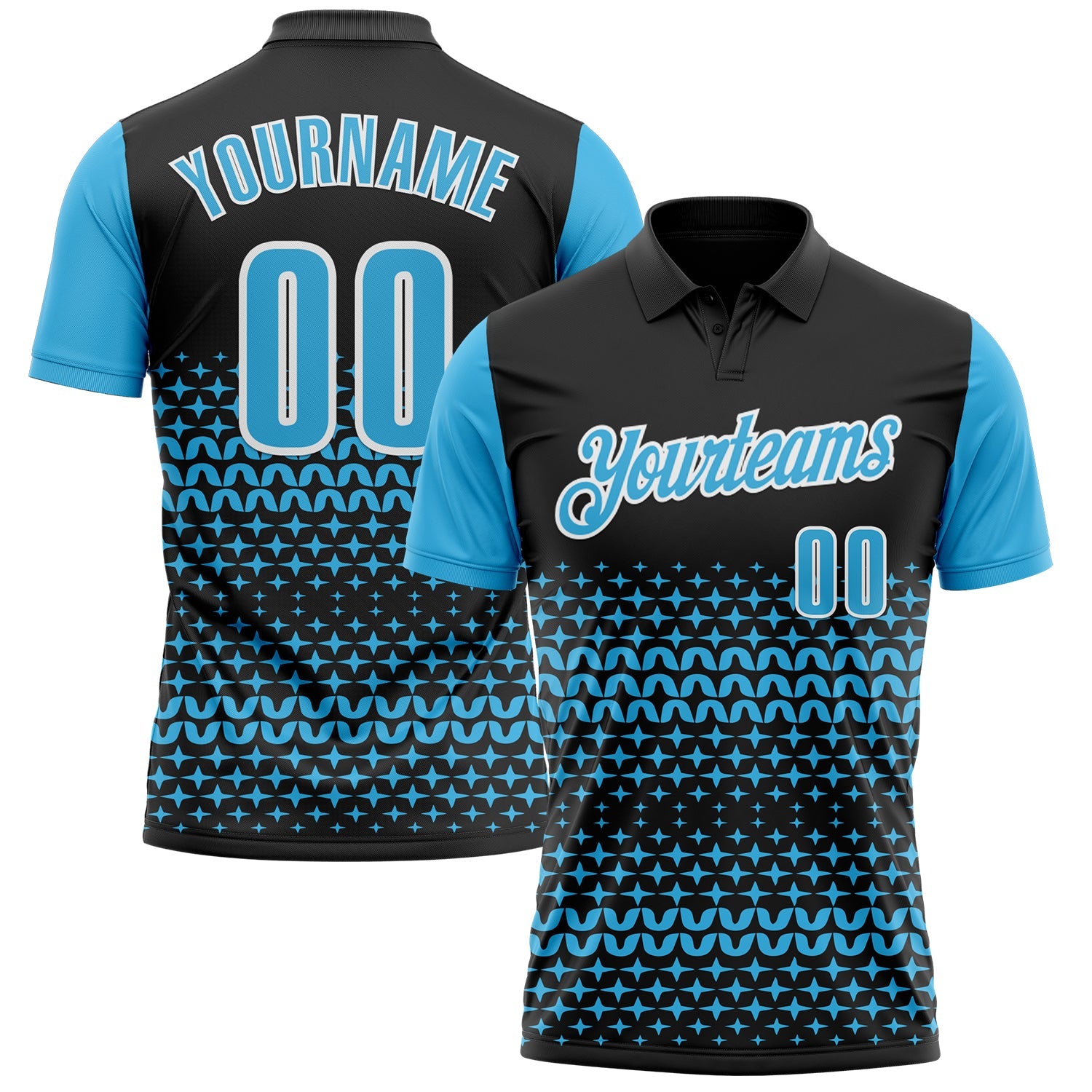 Custom Black Sky Blue-White 3D Pattern Design Star Performance Polo Shirt - Main View