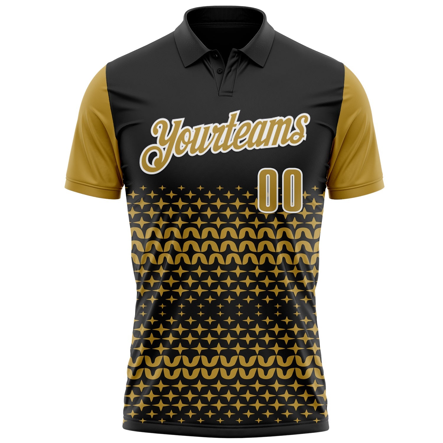 Custom Black Old Gold-White 3D Pattern Design Star Performance Polo Shirt view 2
