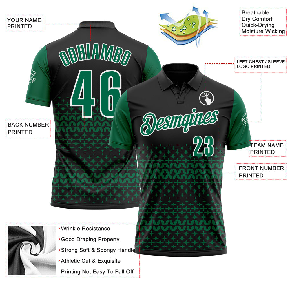 Custom Black Kelly Green-White 3D Pattern Design Star Performance Polo Shirt view 3