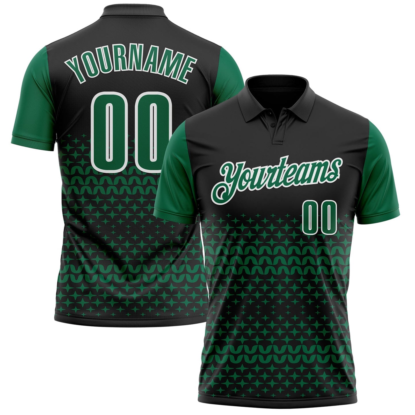 Custom Black Kelly Green-White 3D Pattern Design Star Performance Polo Shirt - Main View