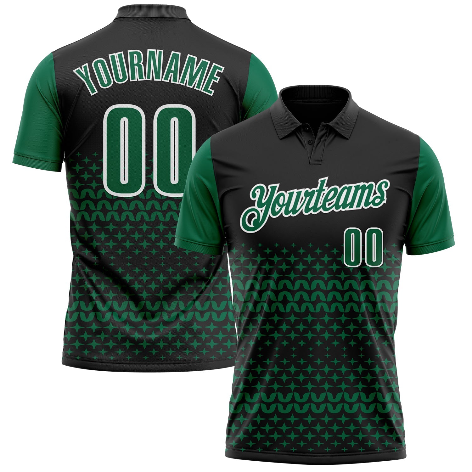 Custom Black Kelly Green-White 3D Pattern Design Star Performance Polo Shirt - Main View