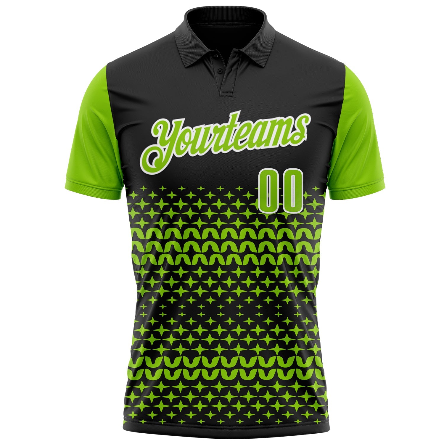 Custom Black Neon Green-White 3D Pattern Design Star Performance Polo Shirt view 2
