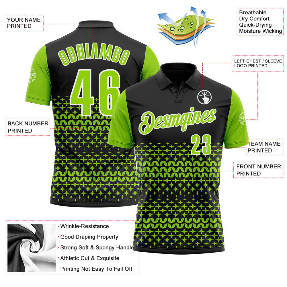 Custom Black Neon Green-White 3D Pattern Design Star Performance Polo Shirt view 3