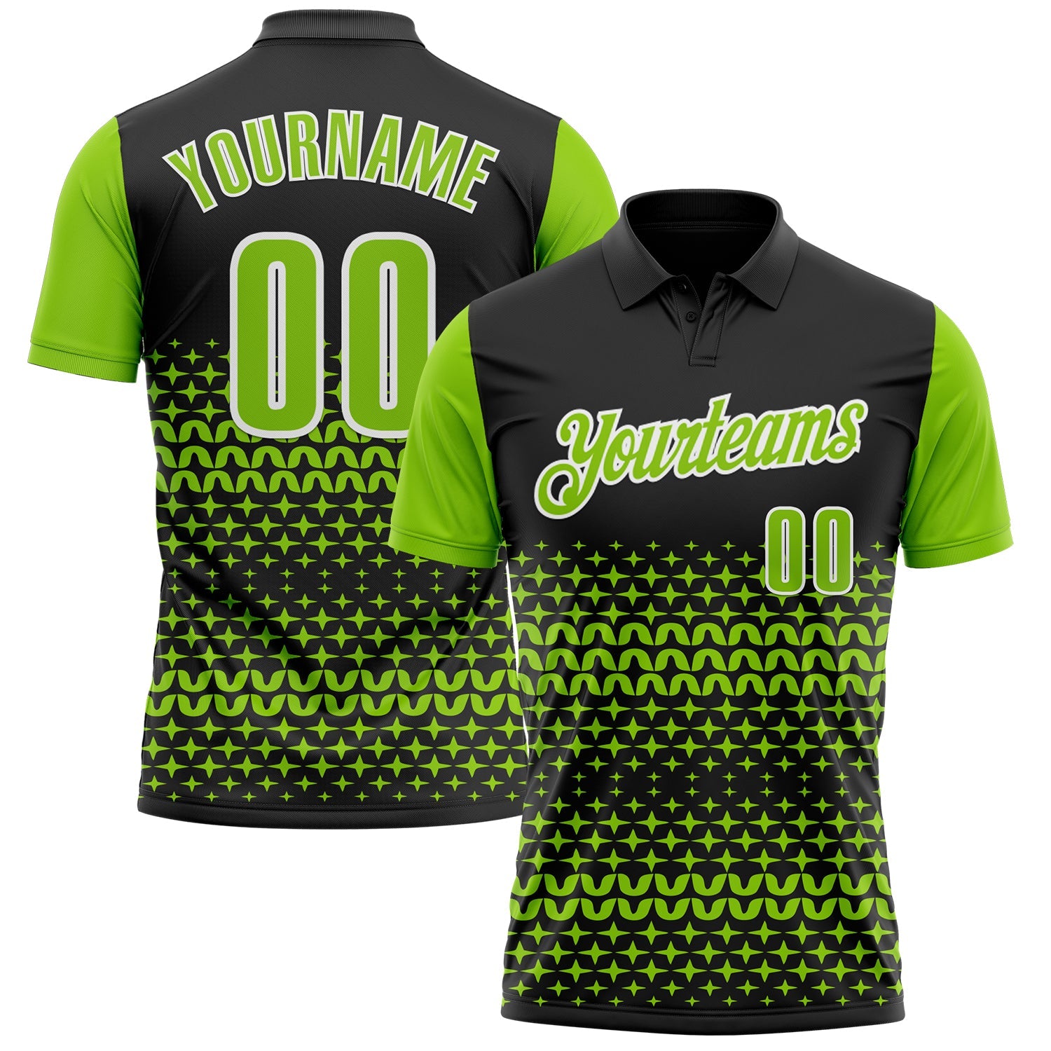 Custom Black Neon Green-White 3D Pattern Design Star Performance Polo Shirt - Main View
