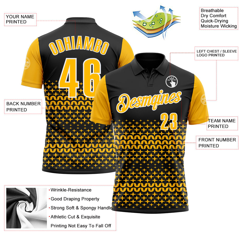 Custom Black Gold-White 3D Pattern Design Star Performance Polo Shirt view 3