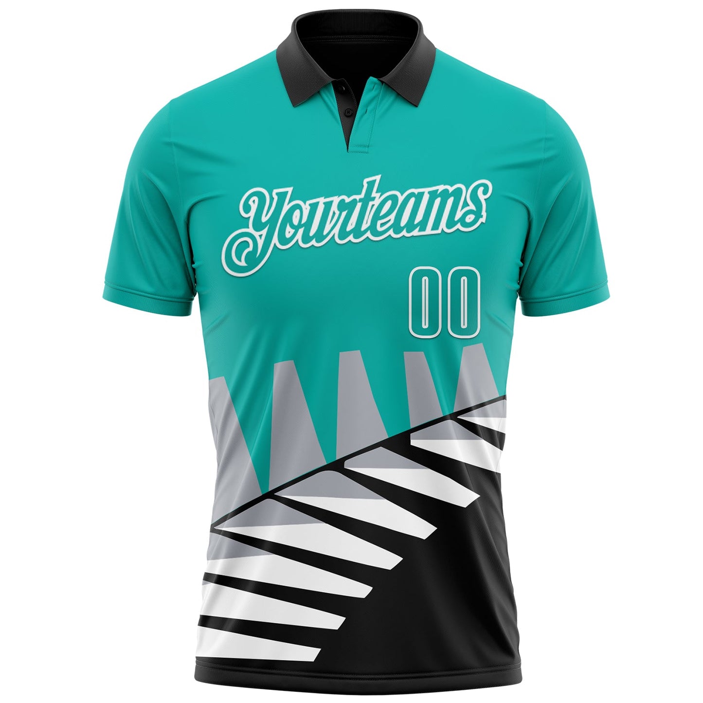 Custom Aqua Black Gray-White 3D Pattern Design Geometric Shapes Performance Polo Shirt view 2