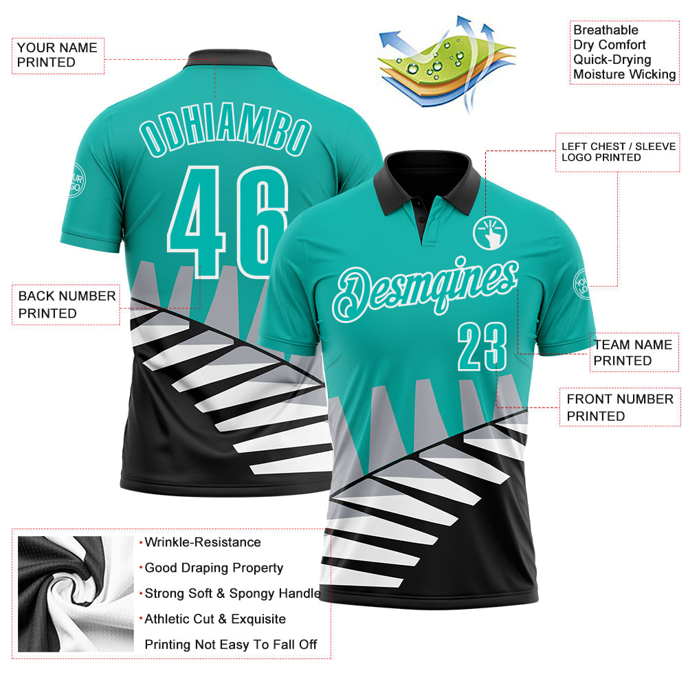 Custom Aqua Black Gray-White 3D Pattern Design Geometric Shapes Performance Polo Shirt view 3