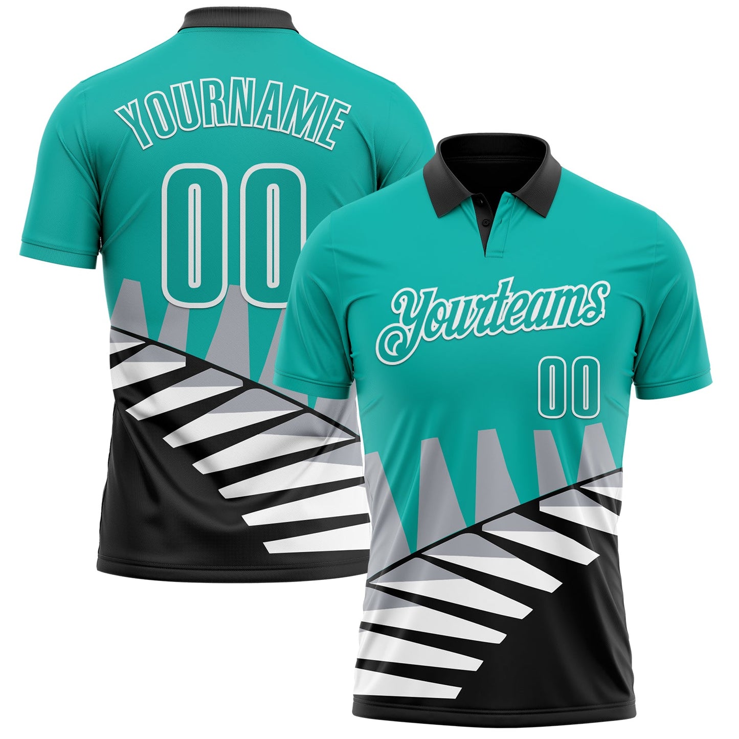 Custom Aqua Black Gray-White 3D Pattern Design Geometric Shapes Performance Polo Shirt - Main View
