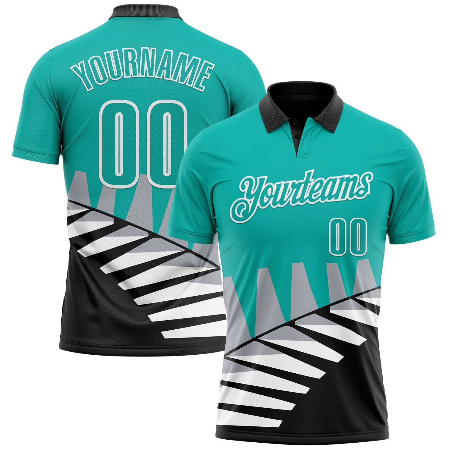 Custom Aqua Black Gray-White 3D Pattern Design Geometric Shapes Performance Polo Shirt - Main View