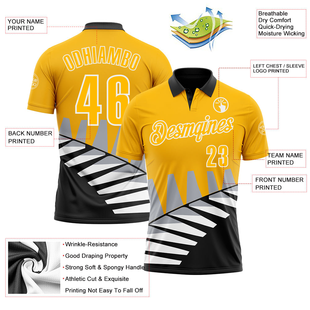 Custom Gold Black Gray-White 3D Pattern Design Geometric Shapes Performance Polo Shirt view 3