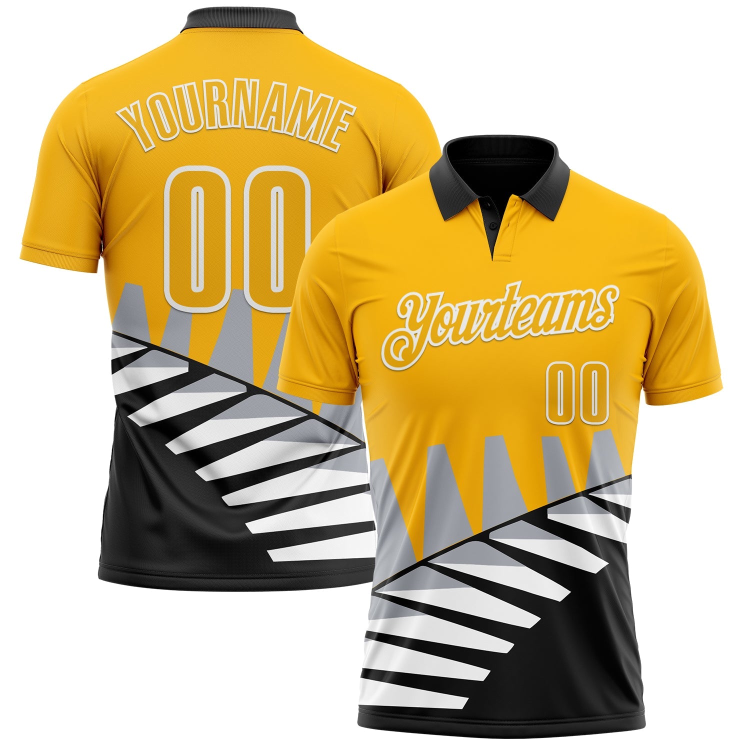Custom Gold Black Gray-White 3D Pattern Design Geometric Shapes Performance Polo Shirt - Main View
