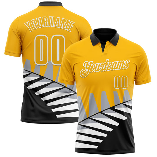 Custom Gold Black Gray-White 3D Pattern Design Geometric Shapes Performance Polo Shirt - Main View
