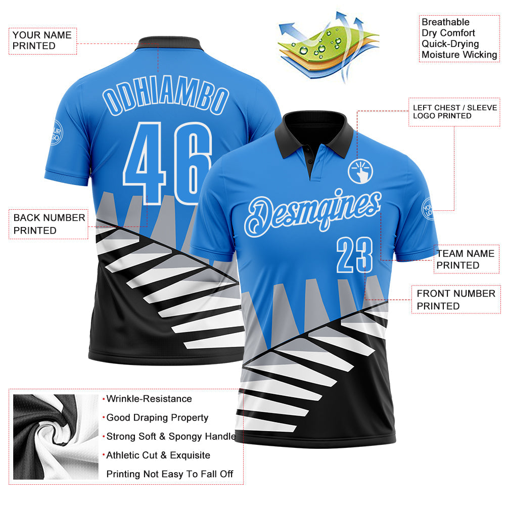 Custom Powder Blue Black Gray-White 3D Pattern Design Geometric Shapes Performance Polo Shirt view 3