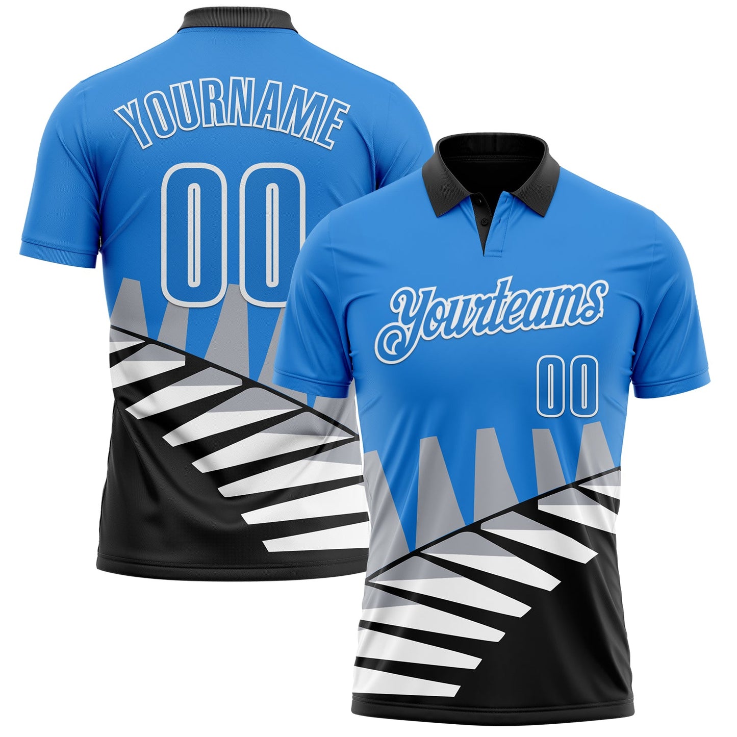 Custom Powder Blue Black Gray-White 3D Pattern Design Geometric Shapes Performance Polo Shirt - Main View