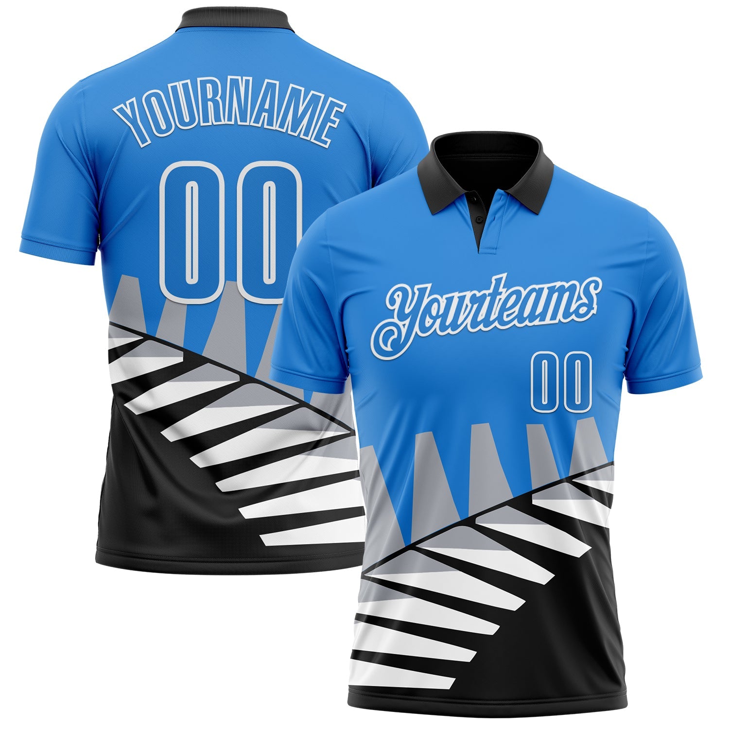 Custom Powder Blue Black Gray-White 3D Pattern Design Geometric Shapes Performance Polo Shirt - Main View