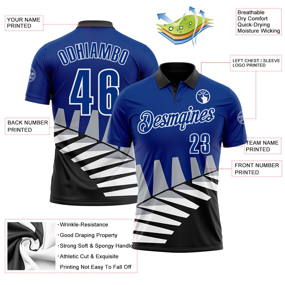 Custom Royal Black Gray-White 3D Pattern Design Geometric Shapes Performance Polo Shirt view 3