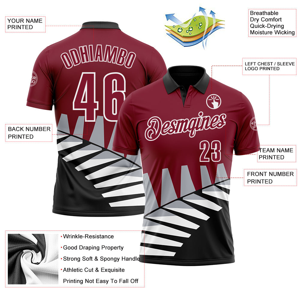 Custom Crimson Black Gray-White 3D Pattern Design Geometric Shapes Performance Polo Shirt view 3