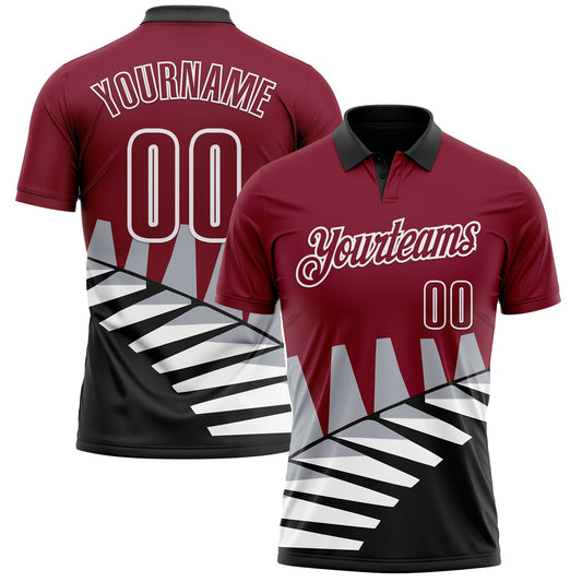 Custom Crimson Black Gray-White 3D Pattern Design Geometric Shapes Performance Polo Shirt - Main View