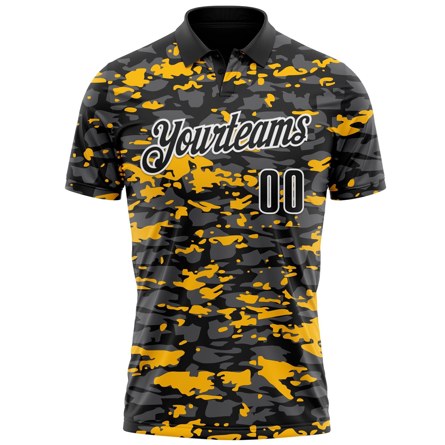 Custom Black Steel Gray Gold-White 3D Pattern Design Splash Performance Polo Shirt view 2