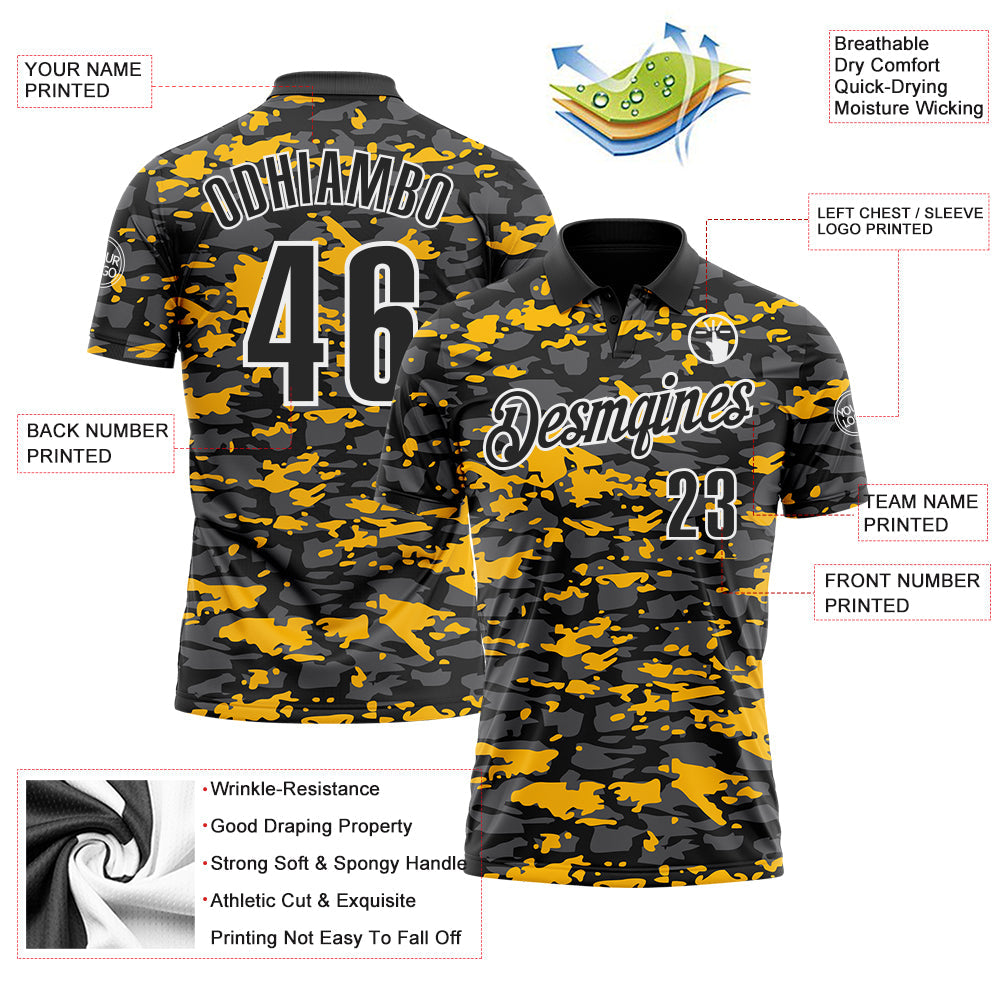 Custom Black Steel Gray Gold-White 3D Pattern Design Splash Performance Polo Shirt view 3