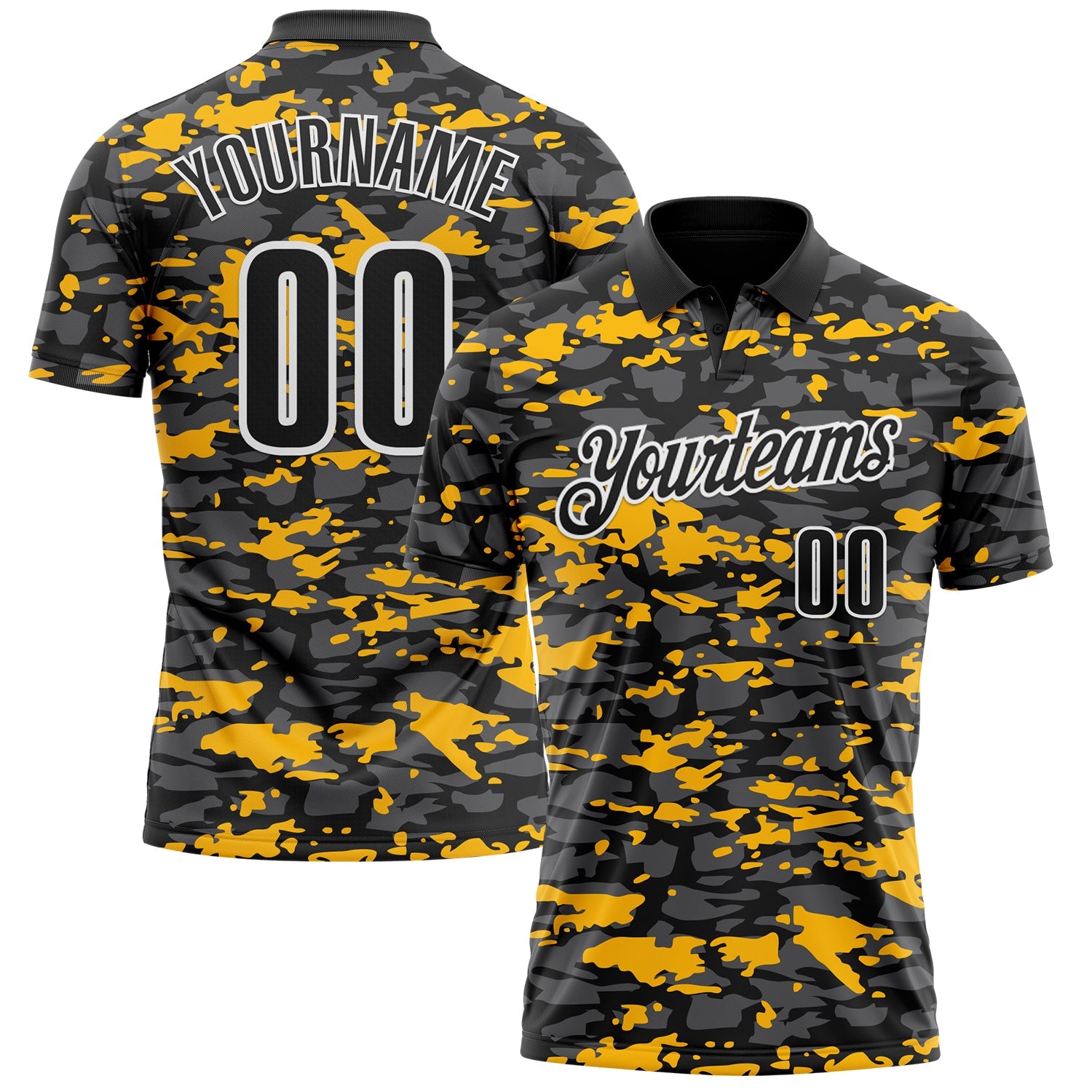 Custom Black Steel Gray Gold-White 3D Pattern Design Splash Performance Polo Shirt - Main View