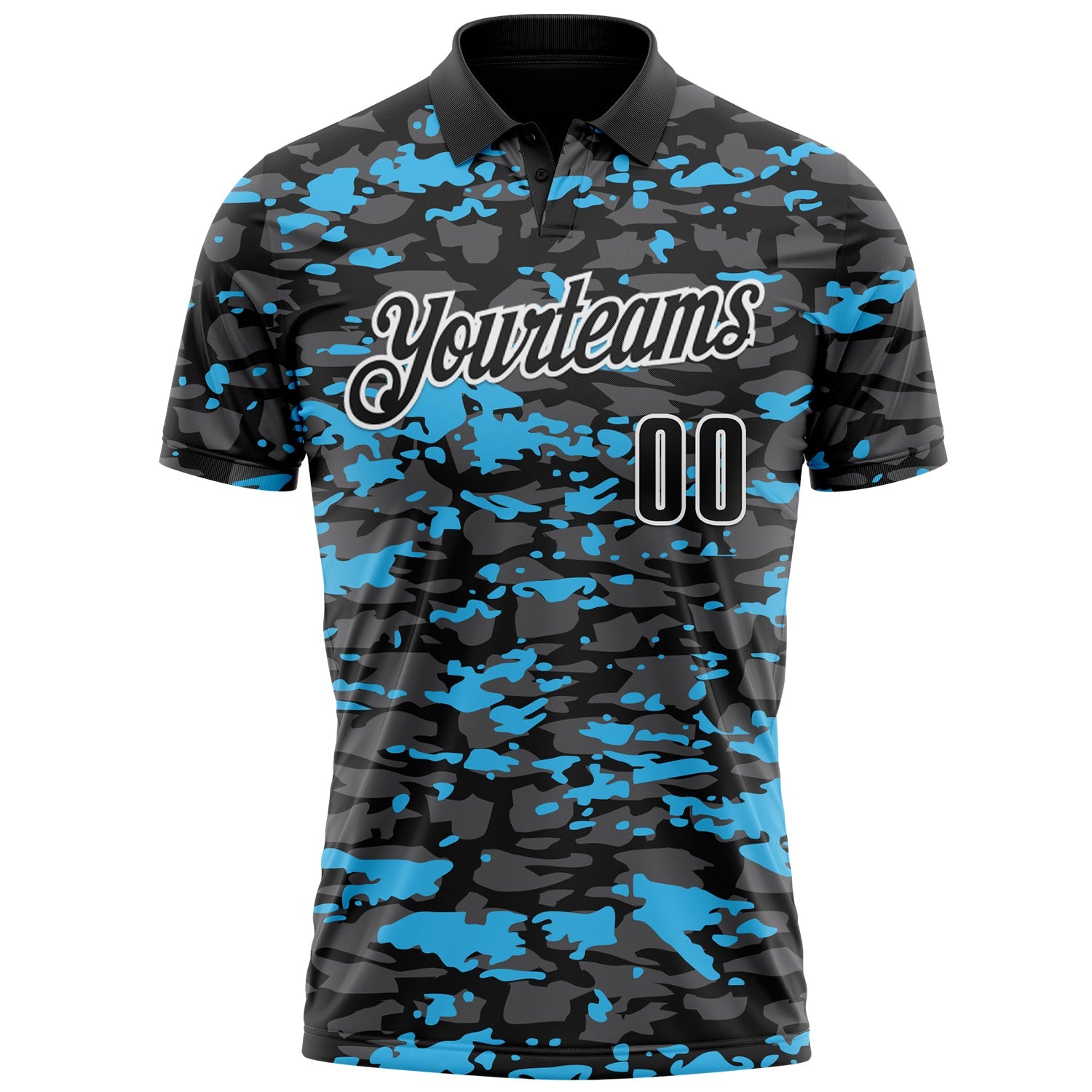 Custom Black Steel Gray Sky Blue-White 3D Pattern Design Splash Performance Polo Shirt view 2