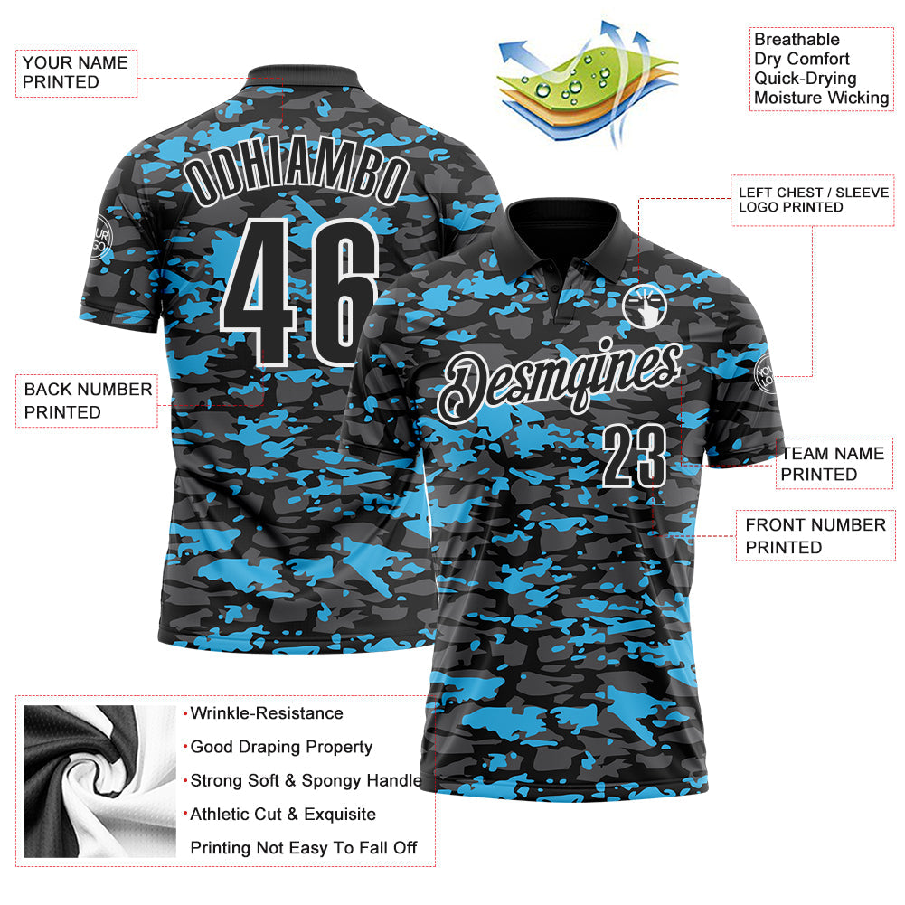 Custom Black Steel Gray Sky Blue-White 3D Pattern Design Splash Performance Polo Shirt view 3
