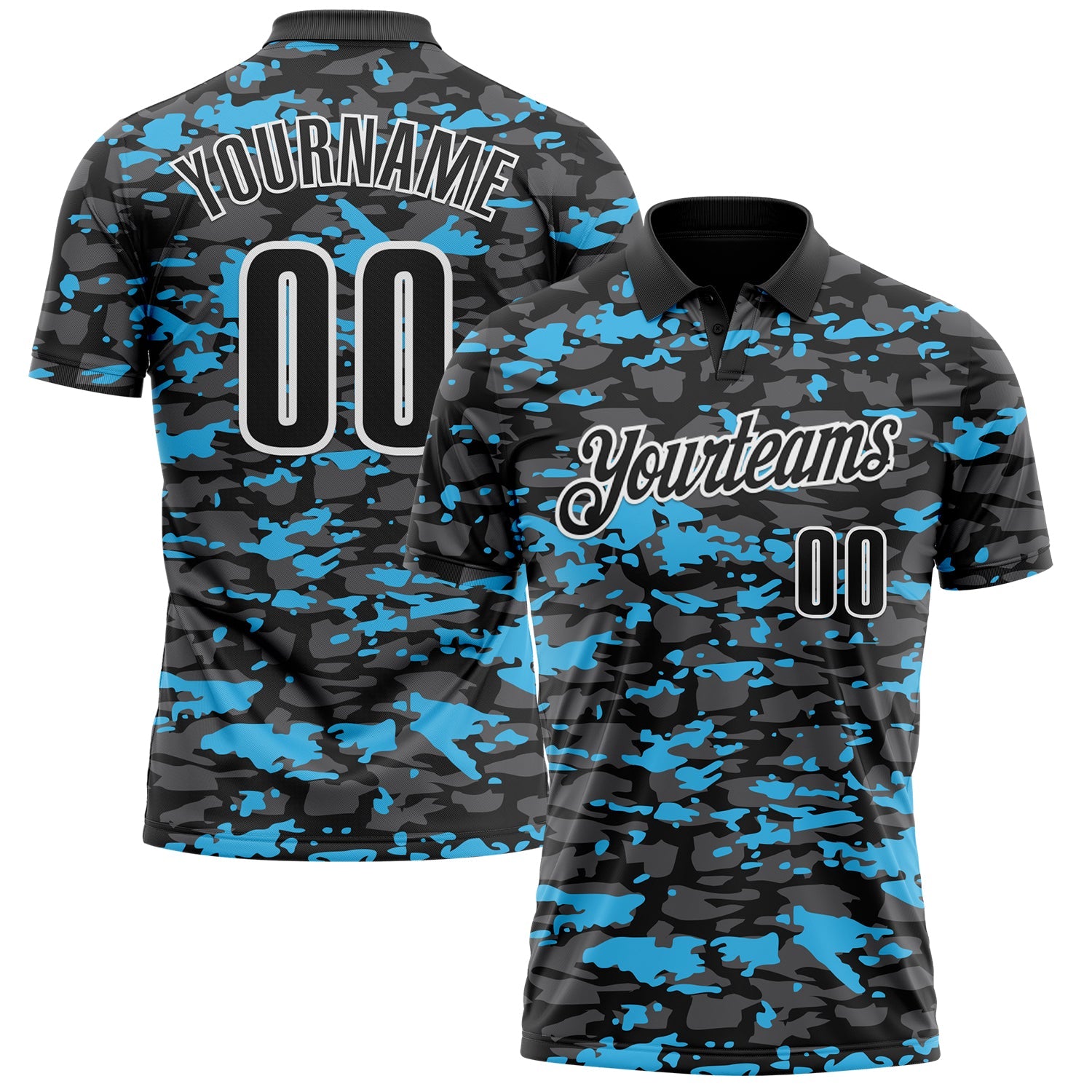 Custom Black Steel Gray Sky Blue-White 3D Pattern Design Splash Performance Polo Shirt - Main View