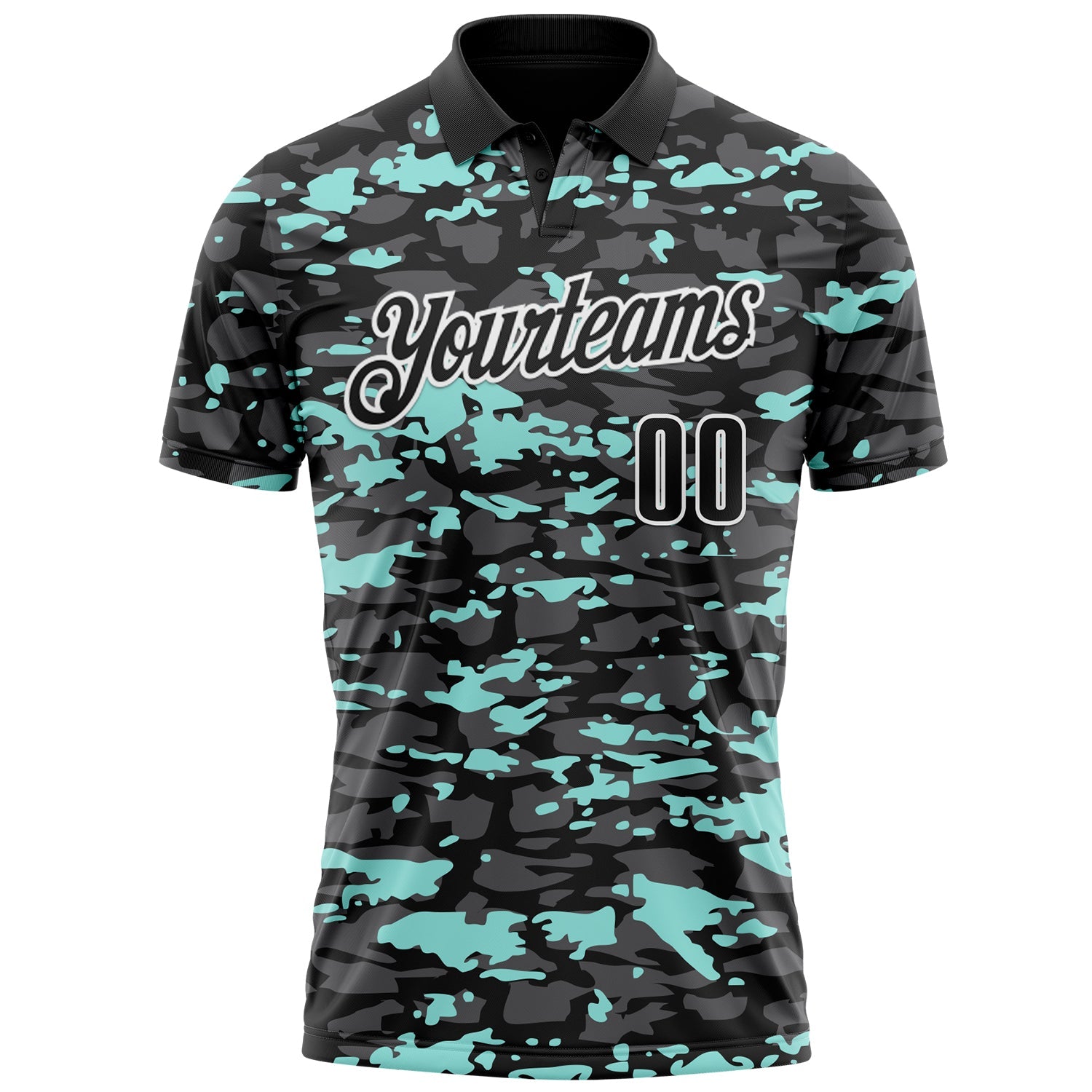 Custom Black Steel Gray Ice Blue-White 3D Pattern Design Splash Performance Polo Shirt view 2
