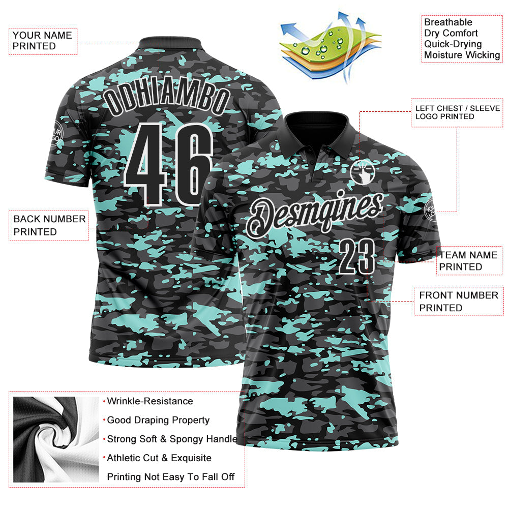 Custom Black Steel Gray Ice Blue-White 3D Pattern Design Splash Performance Polo Shirt view 3