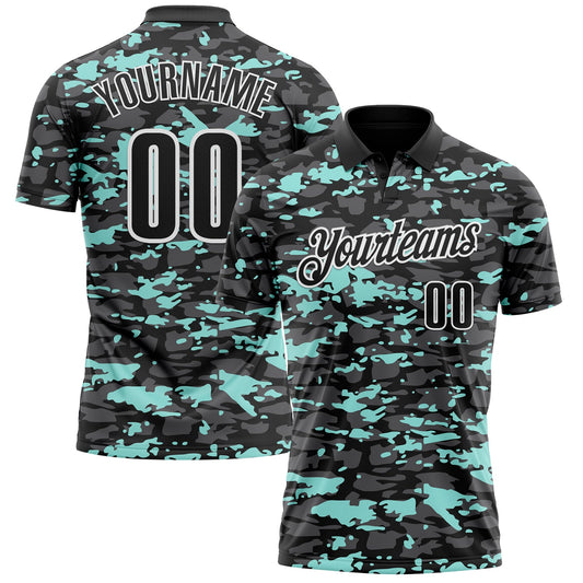 Custom Black Steel Gray Ice Blue-White 3D Pattern Design Splash Performance Polo Shirt - Main View