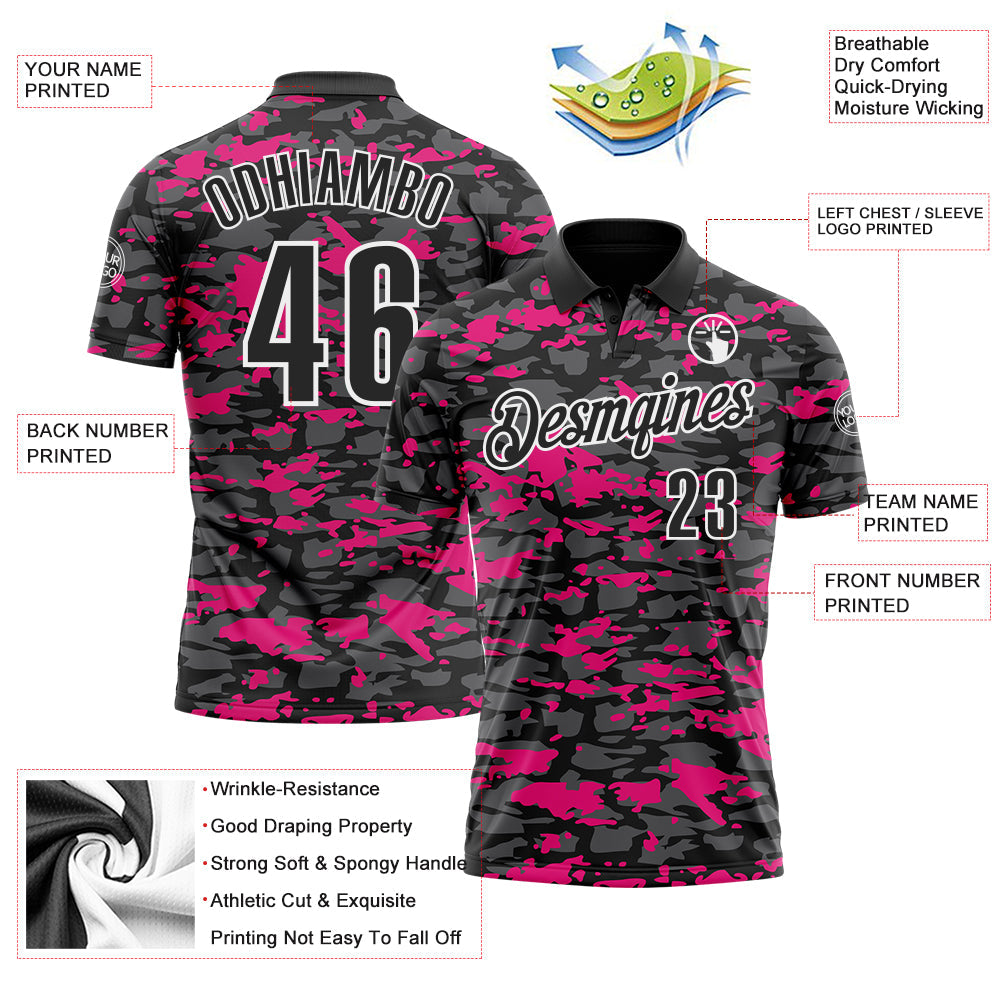 Custom Black Steel Gray Hot Pink-White 3D Pattern Design Splash Performance Polo Shirt view 3