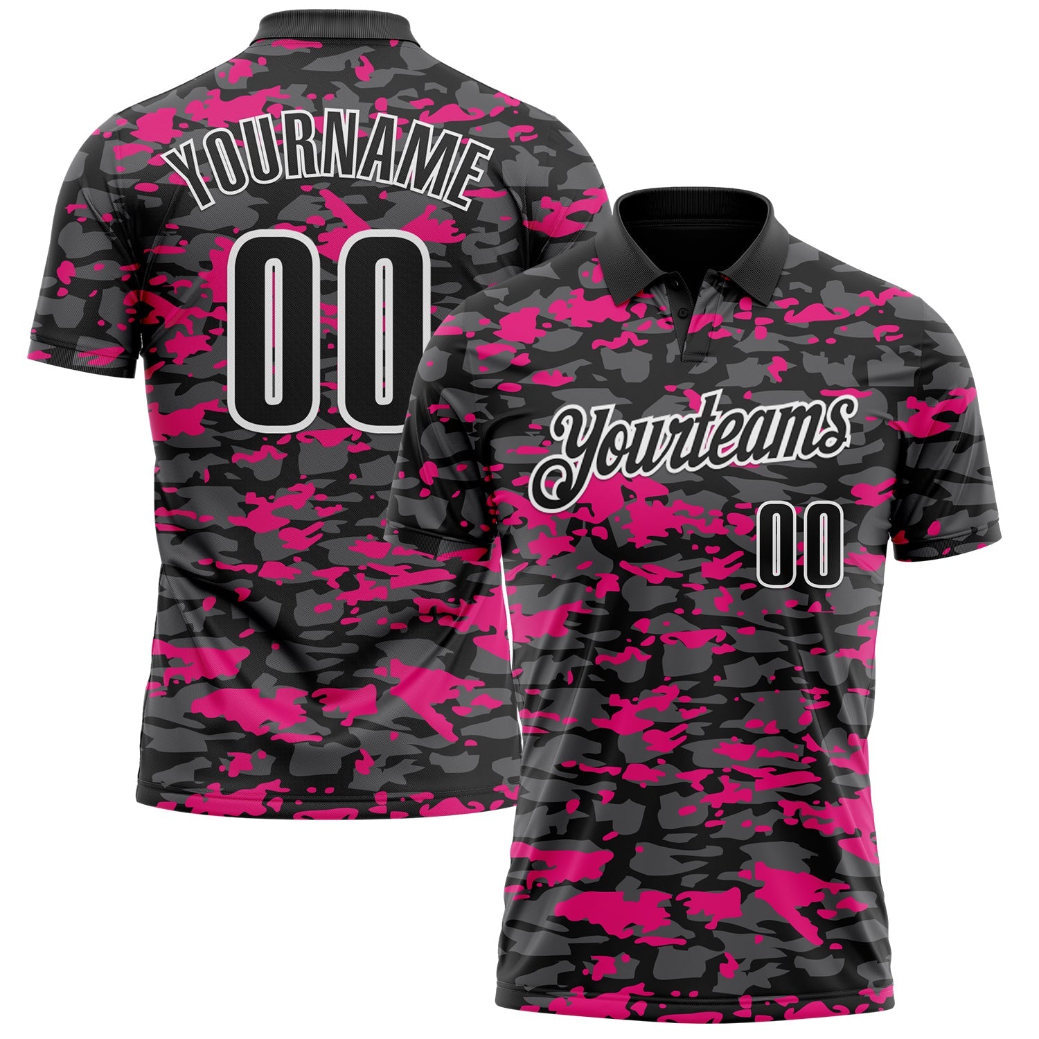 Custom Black Steel Gray Hot Pink-White 3D Pattern Design Splash Performance Polo Shirt - Main View