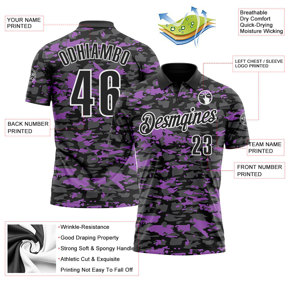 Custom Black Steel Gray Medium Purple-White 3D Pattern Design Splash Performance Polo Shirt view 3