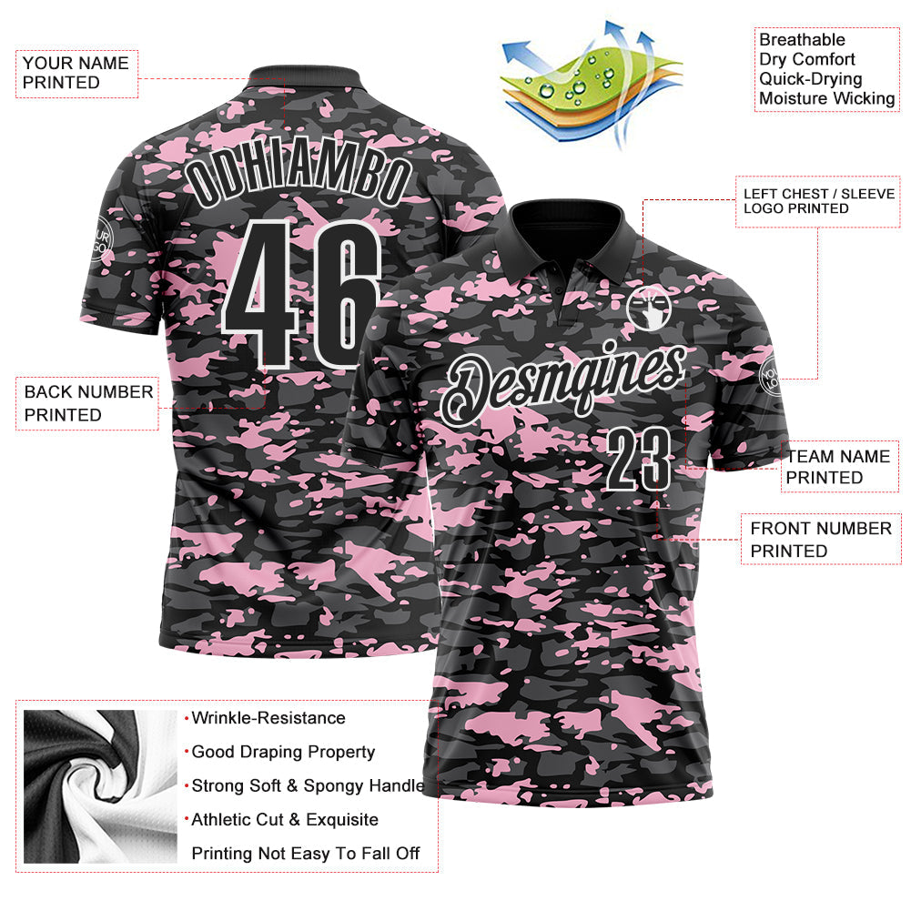 Custom Black Steel Gray Light Pink-White 3D Pattern Design Splash Performance Polo Shirt view 3