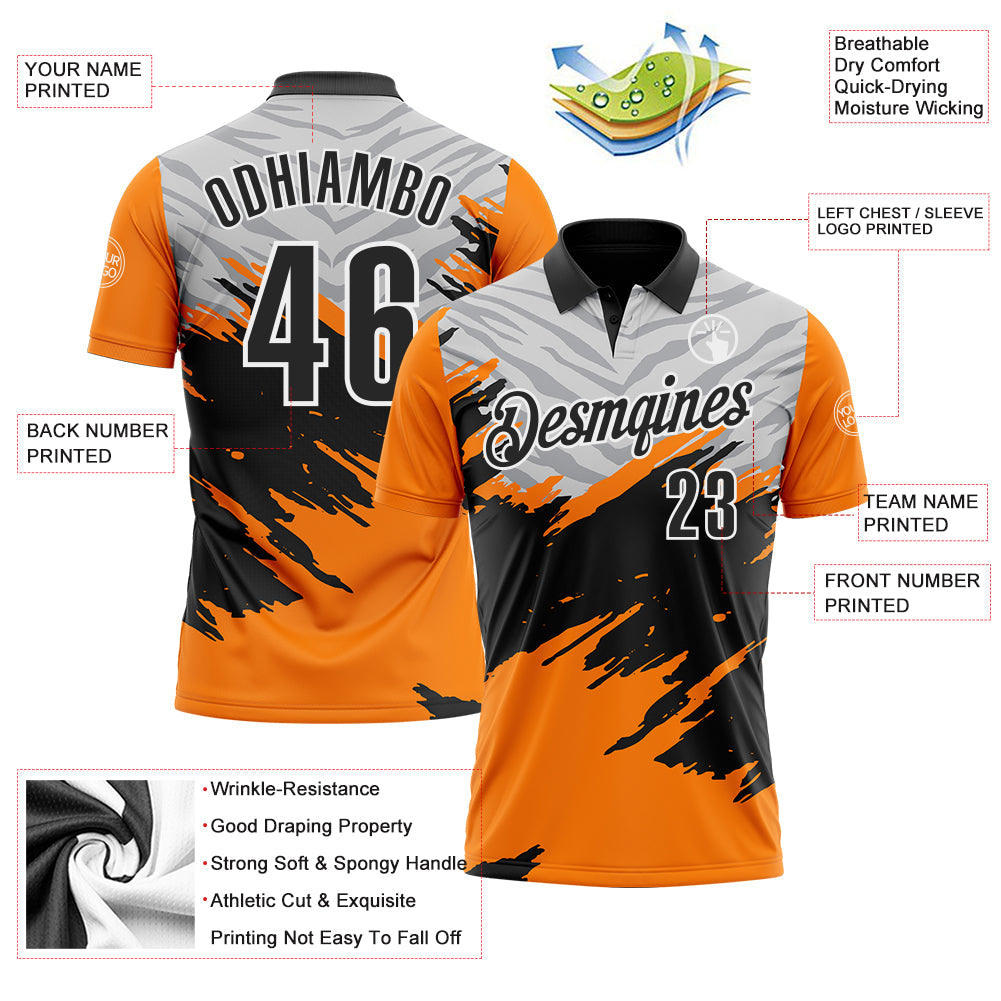 Custom Bay Orange Black Gray-White 3D Pattern Design Splash Performance Polo Shirt view 3