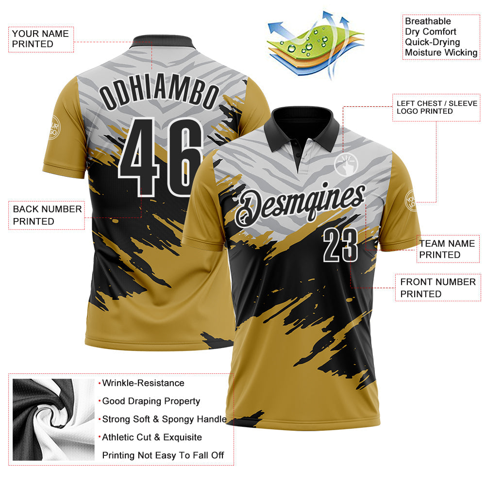 Custom Old Gold Black Gray-White 3D Pattern Design Splash Performance Polo Shirt view 3