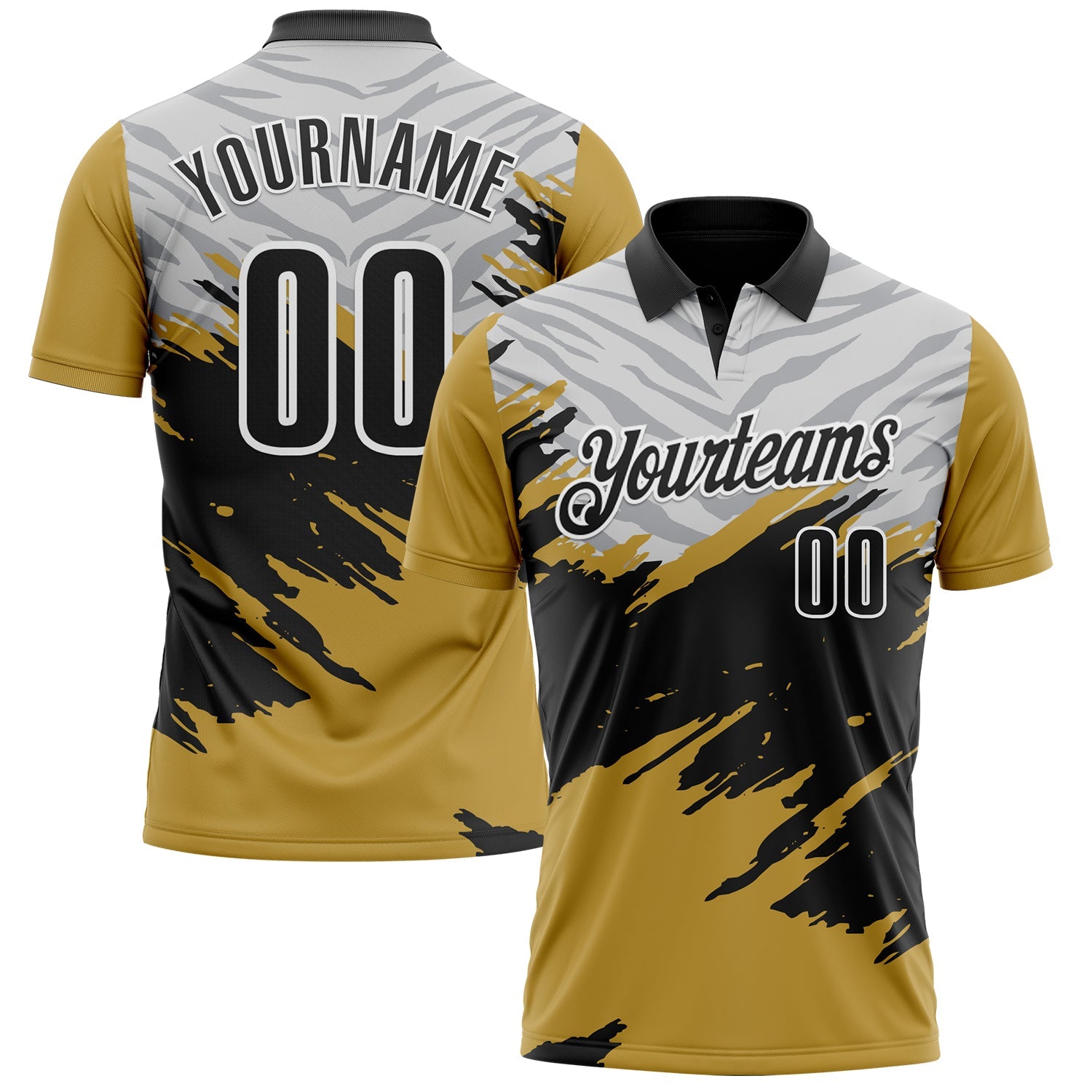 Custom Old Gold Black Gray-White 3D Pattern Design Splash Performance Polo Shirt - Main View