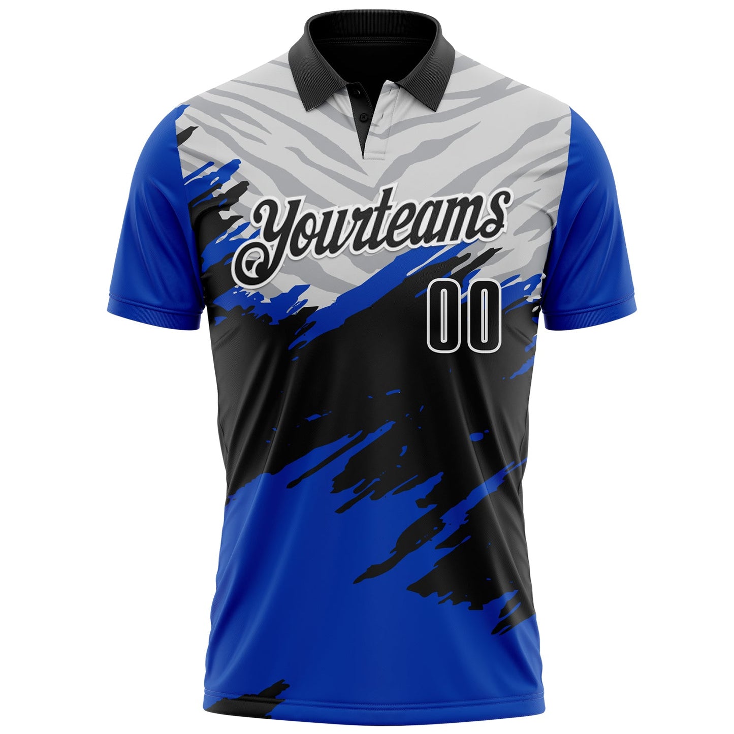 Custom Thunder Blue Black Gray-White 3D Pattern Design Splash Performance Polo Shirt view 2