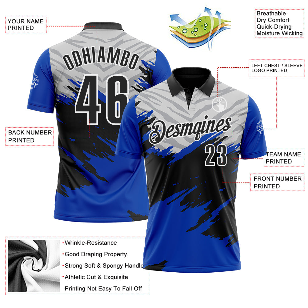 Custom Thunder Blue Black Gray-White 3D Pattern Design Splash Performance Polo Shirt view 3