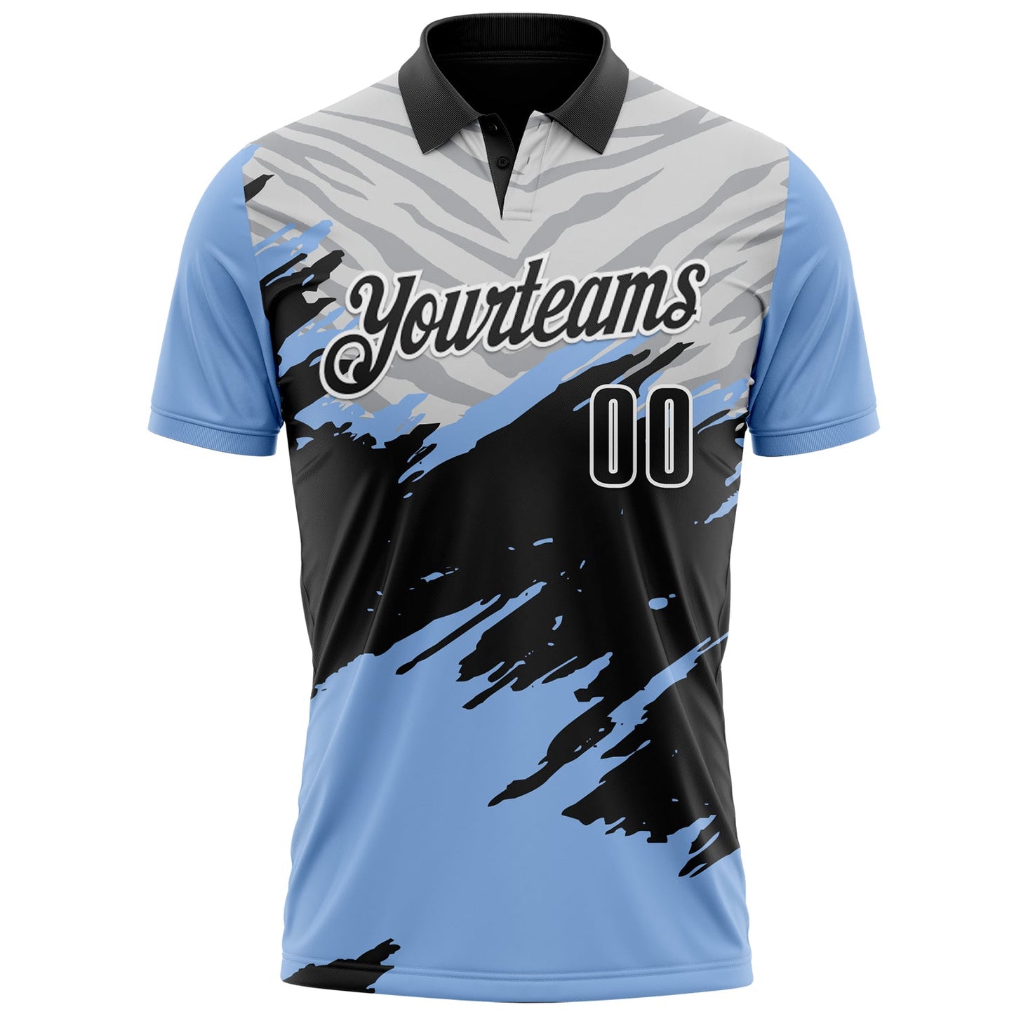 Custom Light Blue Black Gray-White 3D Pattern Design Splash Performance Polo Shirt view 2