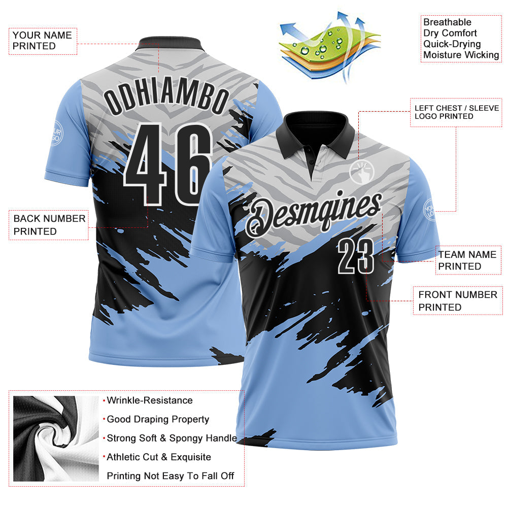 Custom Light Blue Black Gray-White 3D Pattern Design Splash Performance Polo Shirt view 3