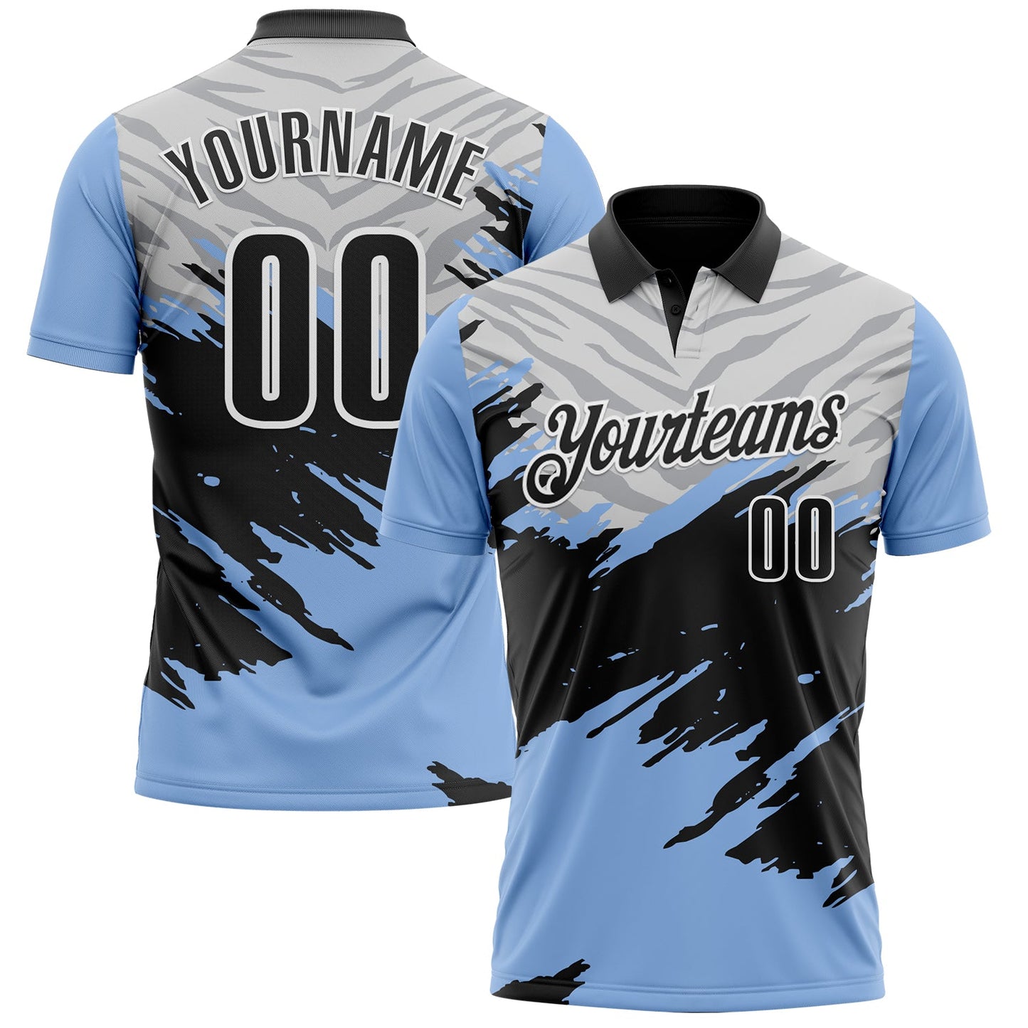 Custom Light Blue Black Gray-White 3D Pattern Design Splash Performance Polo Shirt - Main View