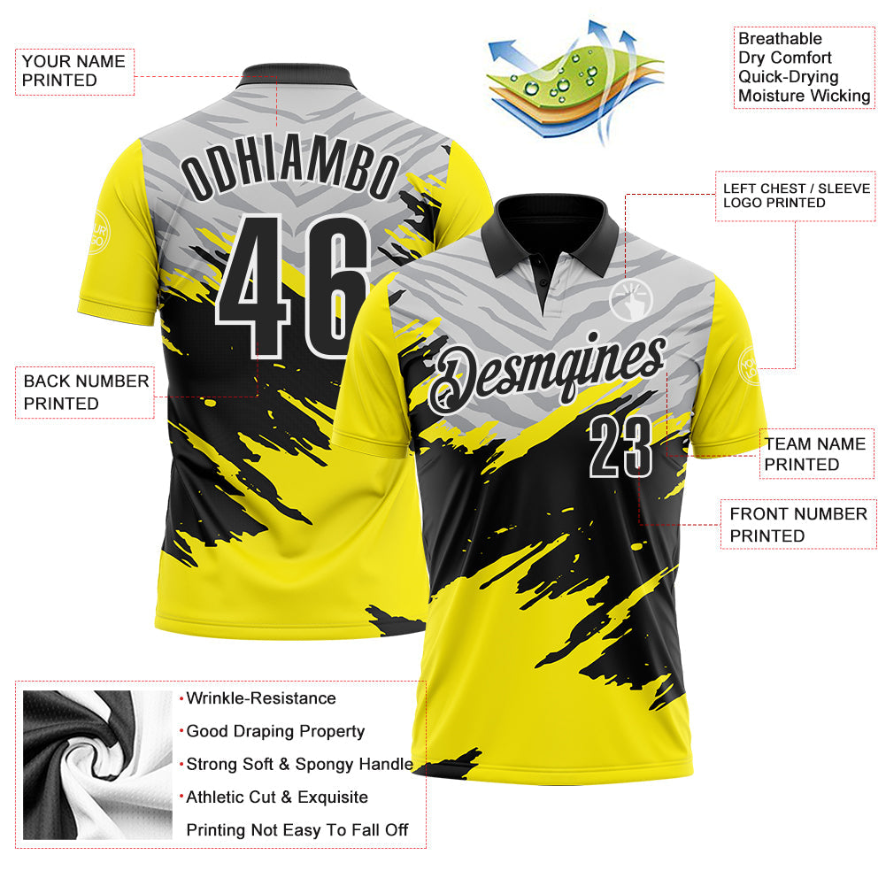 Custom Light Yellow Black Gray-White 3D Pattern Design Splash Performance Polo Shirt view 3