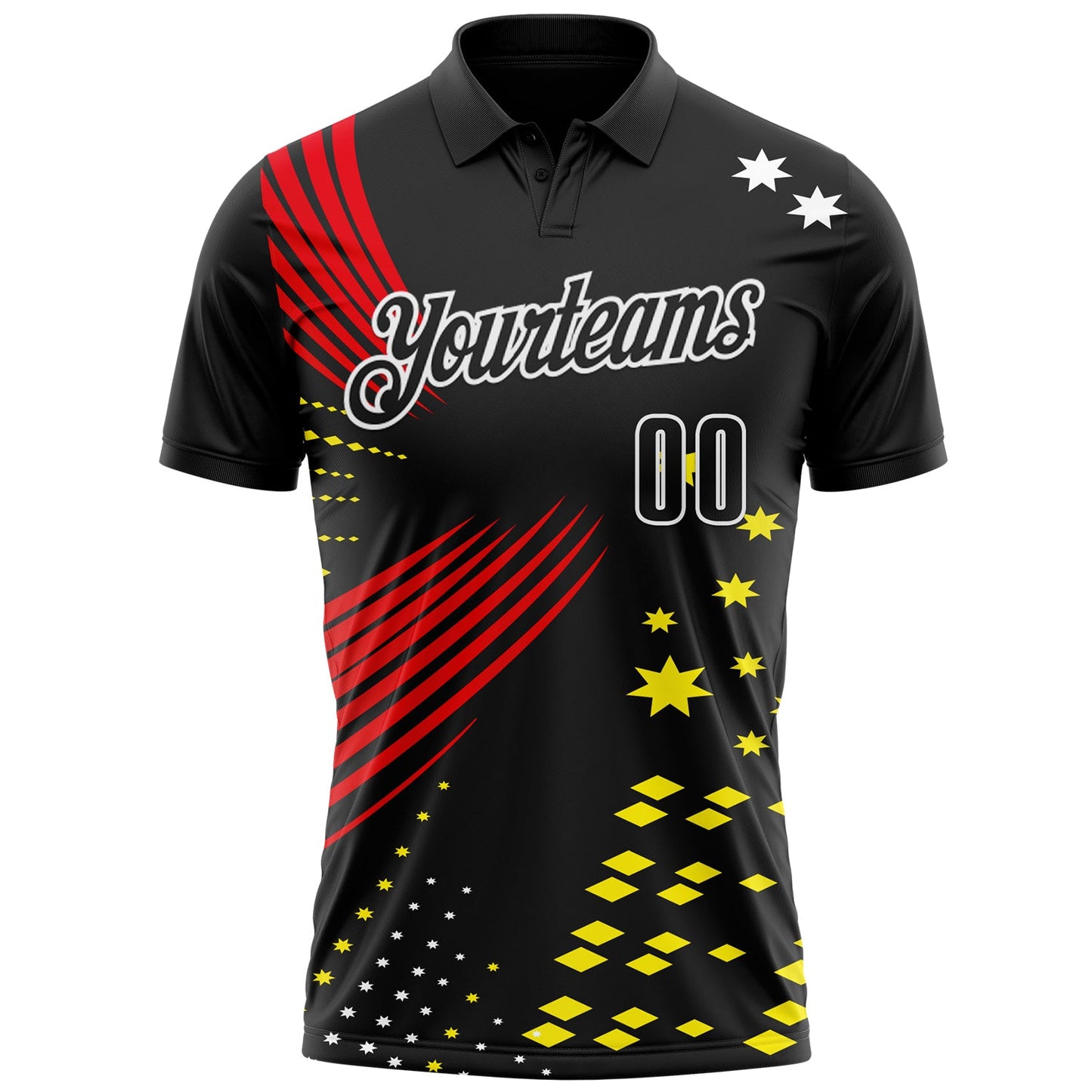 Custom Black Fire Red Light Yellow-White 3D Pattern Design Star And Geometric Shapes Performance Polo Shirt view 2